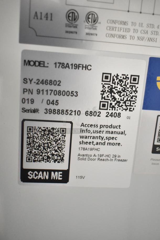 Label on Avantco 178A19FHC Commercial Single Door Reach In Freezer showing model, serial number, and QR code for product info.