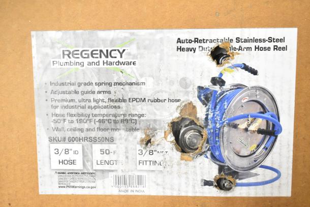 Regency stainless steel hose reel, 50' x 3/8" hose, new with scratches, industrial-grade, auto-retractable. SKU# 600HRSS50NS.