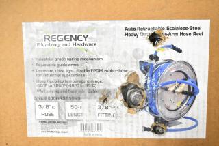 Regency stainless steel hose reel, 50' x 3/8" hose, new with scratches, industrial-grade, auto-retractable. SKU# 600HRSS50NS.