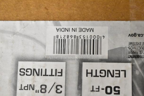 Barcode and label indicating "Made in India" with "3/8" fittings" and "50-ft length" for a Regency stainless steel hose reel.