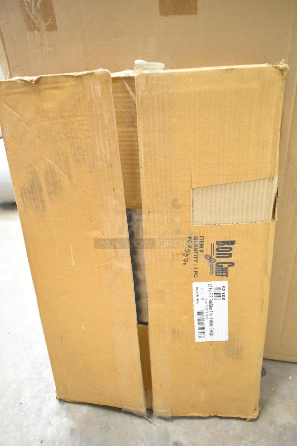 Box containing new Bon Chef 52109 EX Fit Tile Pattern tabletop, marked with brand name and item details, showing minor wear.