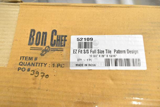 Box labeled Bon Chef 52109, containing an EZ Fit S/S Tile Pattern Tabletop. Details: 12 3/4" x 20" x 13/16", 1 piece, made in India.
