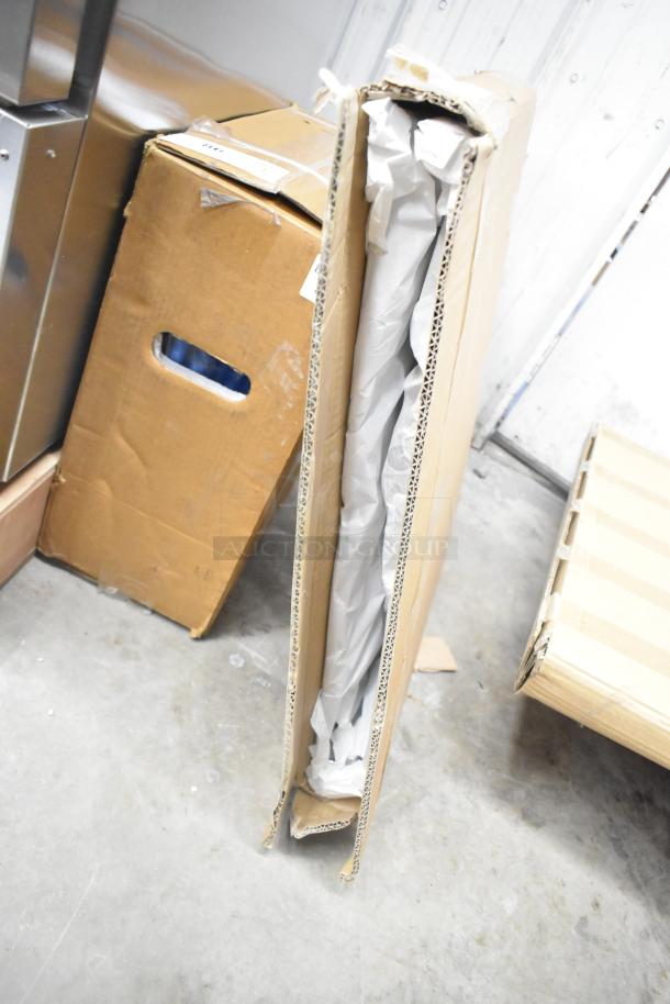 4 scratch and dent items, including Bon Chef 52109 EX tabletop, boxed legs, metal oven racks; new condition, in packaging.