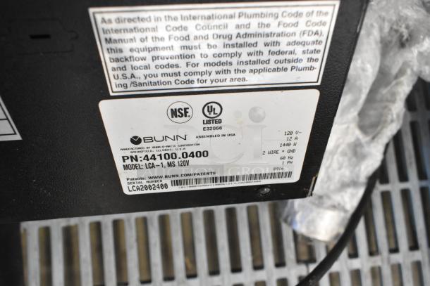 2016 Bunn LCA-1 Coffee Dispenser label showing model, electrical specs, NSF and UL certification.