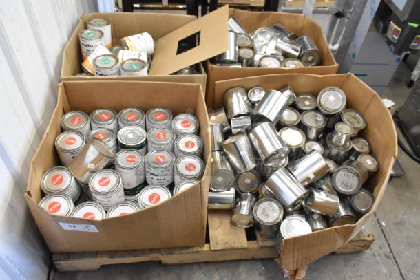 Boxes of 150 Pro Guard Chemical cans, including ProFlex 1501 Part A and B epoxy, on a pallet for auction.