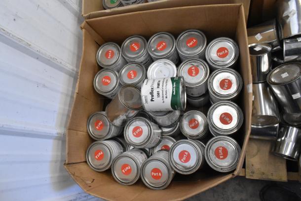 150 cans of Pro Guard Chemicals, including ProFlex 1501 Part A Flexible Epoxy, in cardboard box; labels indicate "Part A."