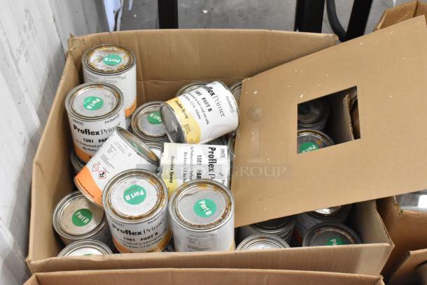 Box of 150 Pro Guard Chemicals cans, including ProFlex 1501 Part A & B Flexible Epoxy. Labels indicate product types.