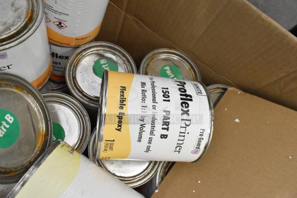150 cans of Pro Guard chemicals, including ProFlex 1501 Part A Flexible Epoxy and Part B White Epoxy, in used condition.