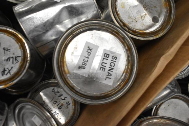 150 Pro Guard chemical cans, including ProFlex 1501 Epoxy, labels read "SIGNAL BLUE" and "XP1368," used condition.