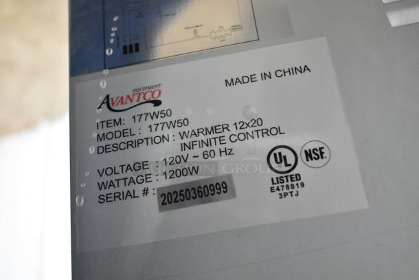 Avantco 177W50 food warmer label, 12"x20", 120V, 1200W, UL and NSF listed, infinite control, new scratch and dent condition.