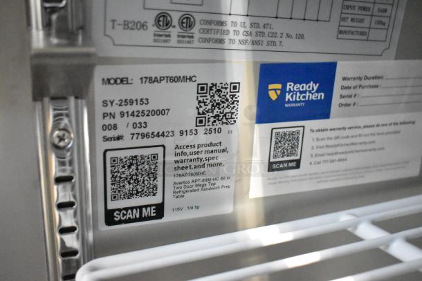 "Brand new Avantco 178APT60MHC 60-inch 2 Door Mega Top Refrigerated Sandwich Prep Table, 115V, 1 phase, with product info labels."