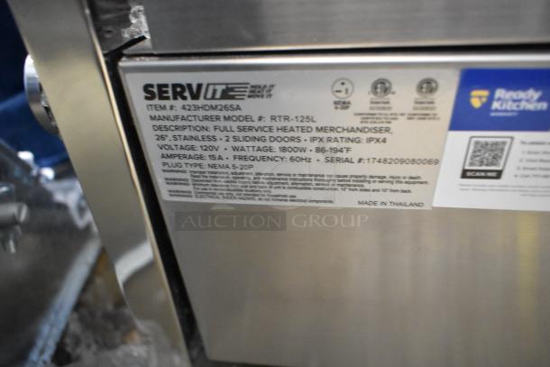 ServIt 423HDM26SA 26" heated display case; 3 shelves, sliding doors, 120V, new condition, glass damage noted.