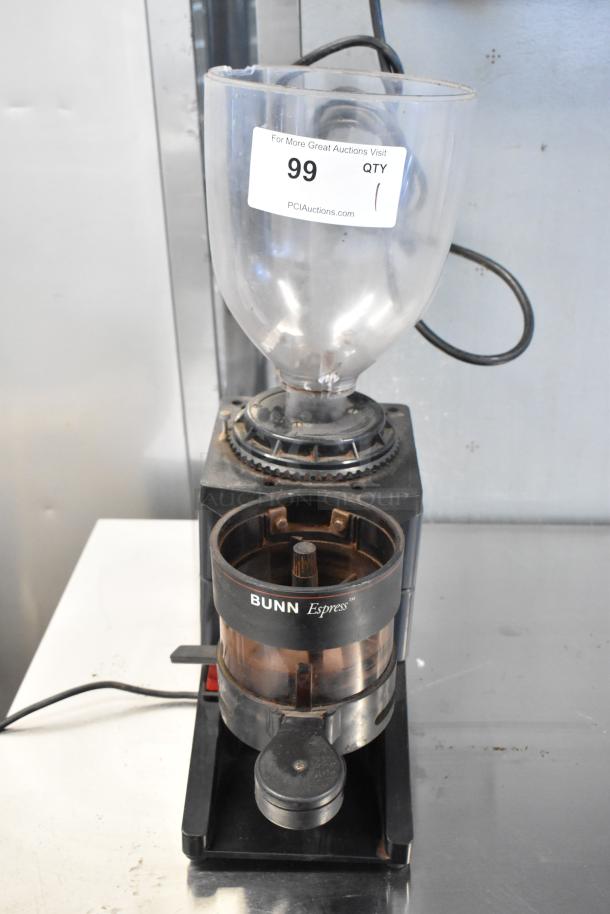 Bunn ES-1G metal commercial espresso bean grinder, missing lid, 120 volts, 1 phase. Features a visible label and wiring.
