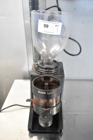 Bunn ES-1G metal commercial espresso bean grinder, missing lid, 120 volts, 1 phase. Features a visible label and wiring.