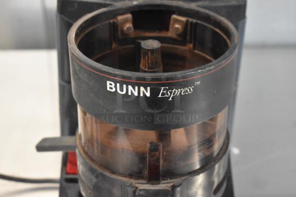 Bunn ES-1G metal commercial espresso bean grinder, no lid, 120V, labeled "BUNN Express," visible wear.