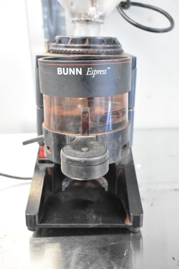 Bunn ES-1G commercial espresso grinder, no lid, 120V, used condition, visible Bunn logo and grinder chamber.