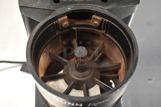 Bunn ES-1G metal commercial espresso bean grinder, no lid, 120 volts. Interior view, showing grinding mechanism. Used condition.