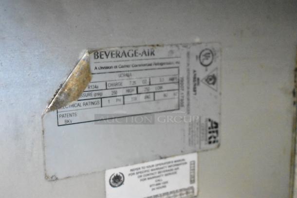 Beverage Air UCR48A Cooler label, showing model, voltage, and specifications. Used condition, slight wear visible.