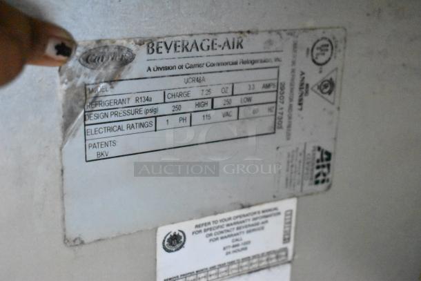 Beverage Air UCR48A label with specifications: 115 Volts, 1 Phase, R134a refrigerant, UL listed, on commercial casters.