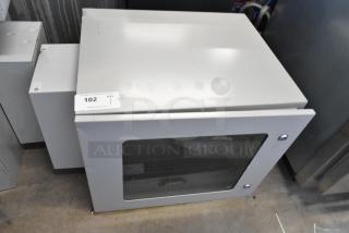BlackShields DC0300 white metal air-conditioned technology cabinet, glass door, visible auction tag, excellent condition.