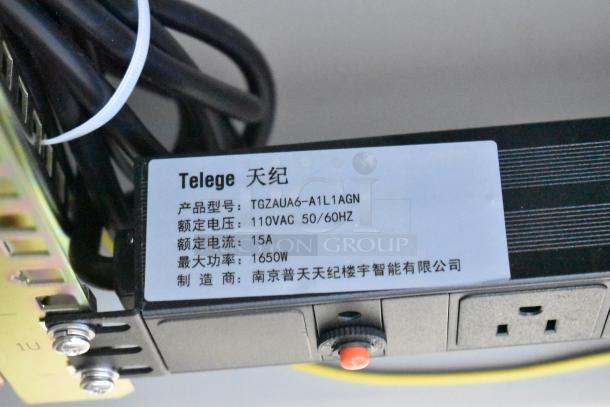 BlackShields DC0300 white metal technology cabinet with air conditioning. Tag shows electrical ratings: 110VAC, 15A, 1650W.