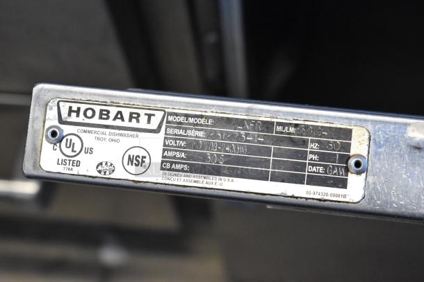 2020 Hobart LXER Commercial Undercounter Dishwasher label showing model, serial number, volts, amps, and certifications.