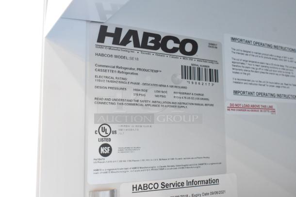 2019 Habco SE18 commercial single door cooler label showing electrical specs, model, and certification marks.