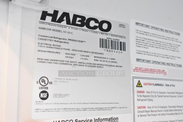 Label on 2019 Habco SE18HC commercial cooler. Details: 115 volts, single phase, UL and NSF listed, barcode visible.