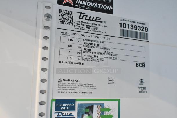 Label of 2021 True TSCI-600R-G-PH commercial cooler, showing model, voltage (115V), refrigerant (R290), and serial number.