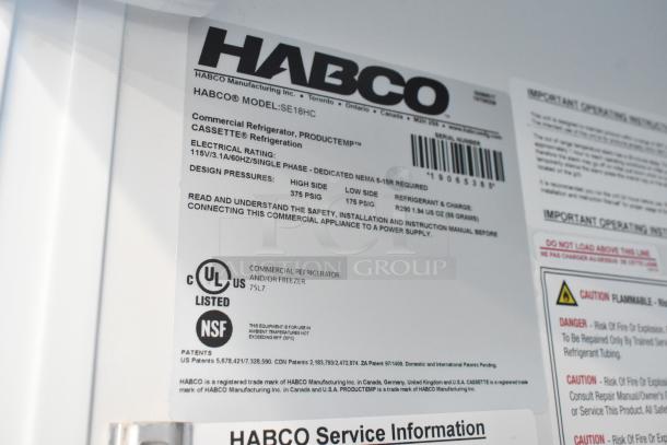 2019 Habco SE18HC commercial cooler label, model SE18HC, 115V, single phase, UL and NSF certified, poly coated racks.