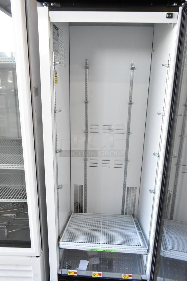 2019 Habco SE18HC commercial single door reach-in cooler, poly-coated racks, 115V, 1 phase. Clean interior, label visible.