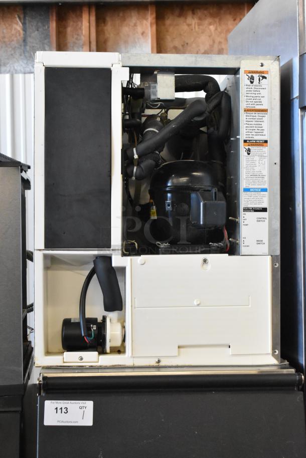 Hoshizaki KM-350MAJ ice head on B-300PF bin, 115V, 1 phase. Features control panel and internal components with safety labels.