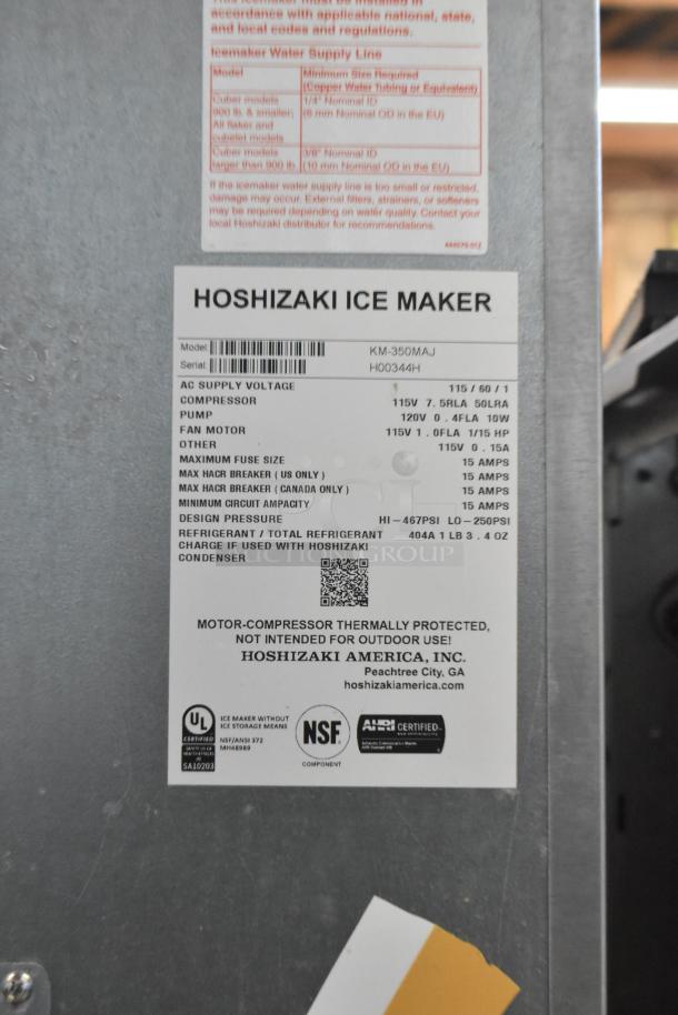 Hoshizaki KM-350MAJ ice maker on B-300PF bin, 115 volts, used condition. Visible model label with specs.