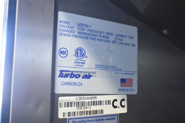 Turbo Air M3F24-1 Commercial Single Door Freezer label, displaying specifications such as voltage, frequency, and refrigerant.