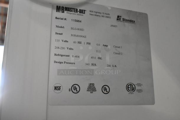 Master-Bilt BLG-80HD freezer label showing model, voltage, refrigerant type, design pressure, and safety certifications.