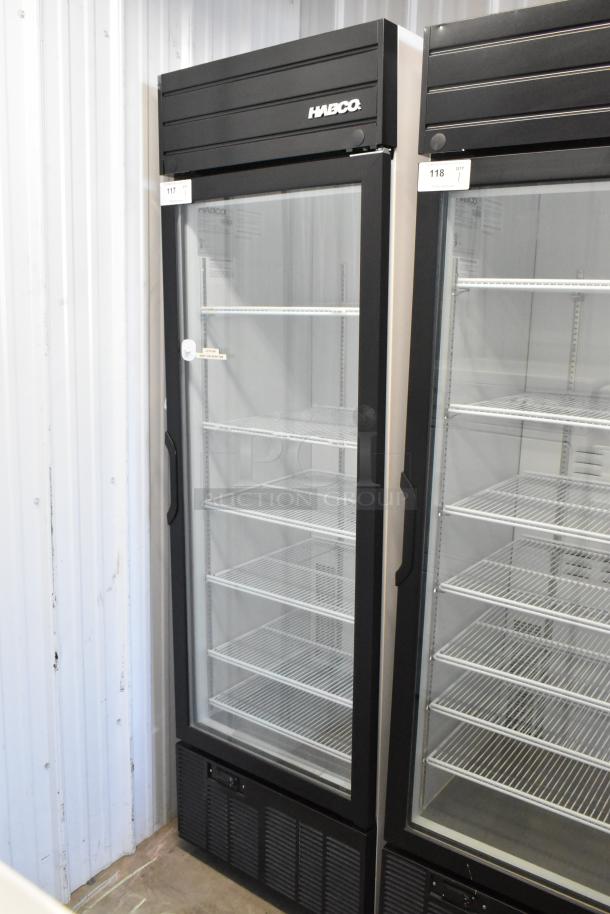 2019 Habco SE18 commercial reach-in cooler, single door, poly-coated racks, black exterior, 115V, 1 phase.