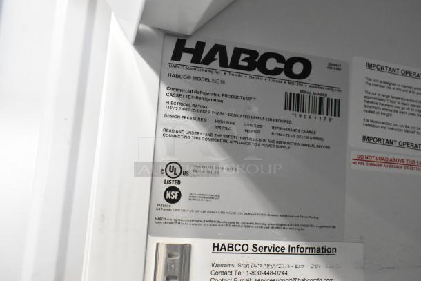 2019 Habco SE18 Commercial Single Door Cooler, UL/NSF listed, 115V, with poly coated racks, Model SE18 label visible.