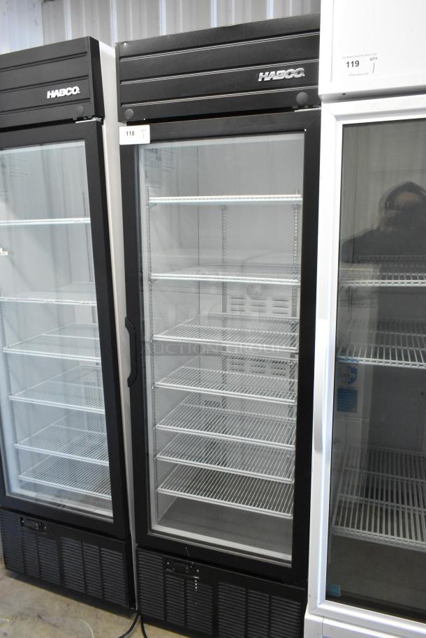 2019 Habco SE18 commercial single door cooler merchandiser, poly coated racks, 115V, black frame, excellent condition.