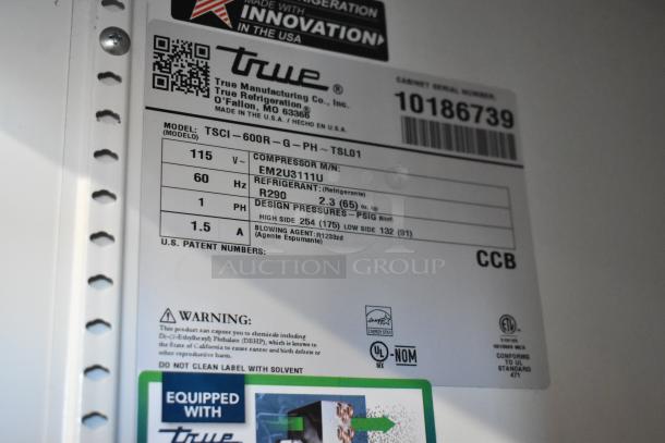 Label of 2021 True TSCI-600R-G-PH cooler, showing model details, 115V, R290 refrigerant, 1 phase, and energy certifications.