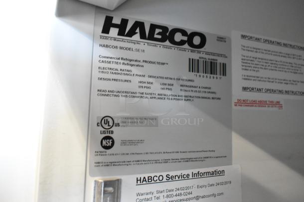 2019 Habco SE18 commercial cooler label showing model, specs, 115V, 1 phase, UL and NSF certifications.