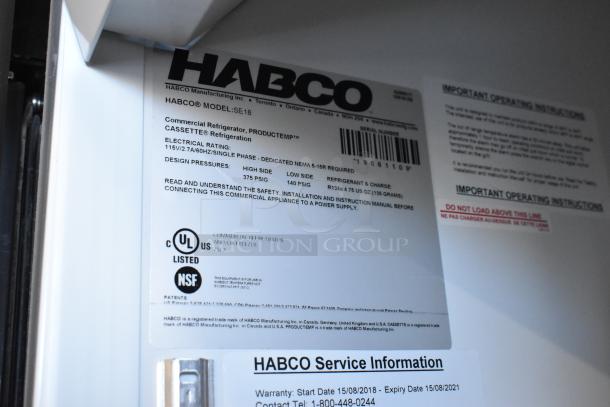 2019 Habco SE18 commercial cooler, single door, poly coated racks, 115 volts, 1 phase, UL and NSF listed labels.