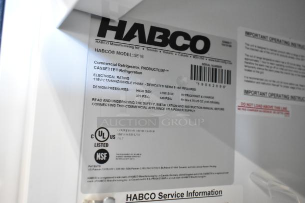 2019 Habco SE18 commercial cooler label showing electrical rating, design pressures, certifications, and service information.