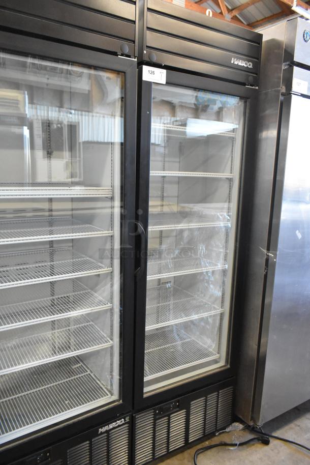 2019 Habco SE18 cooler with single glass door, poly coated racks, 115 volts, 1 phase; commercial use, excellent condition.