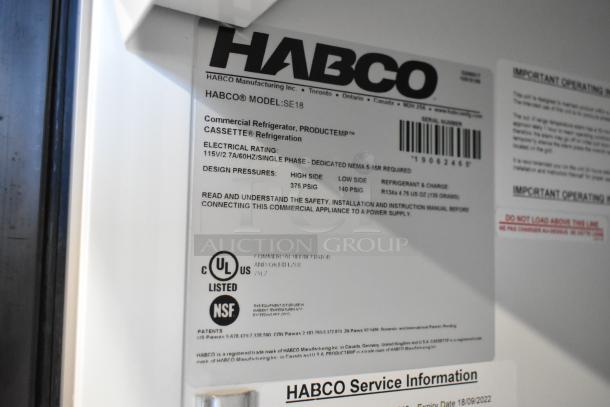 2019 Habco SE18 single door cooler label, 115 volts, 1 phase, UL and NSF listed. Includes poly coated racks.