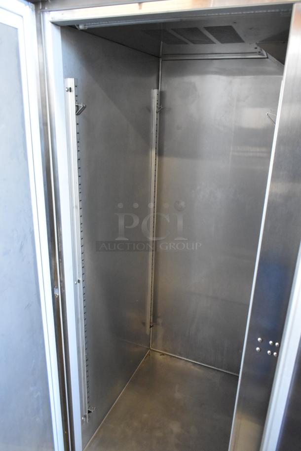 2019 Hoshizaki F2A-FS commercial freezer interior, stainless steel, 2 doors, on casters, 115V, excellent condition.