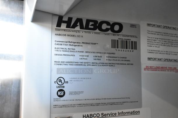 2019 Habco SE18 commercial cooler tag showing electrical rating, model, and certification markings.