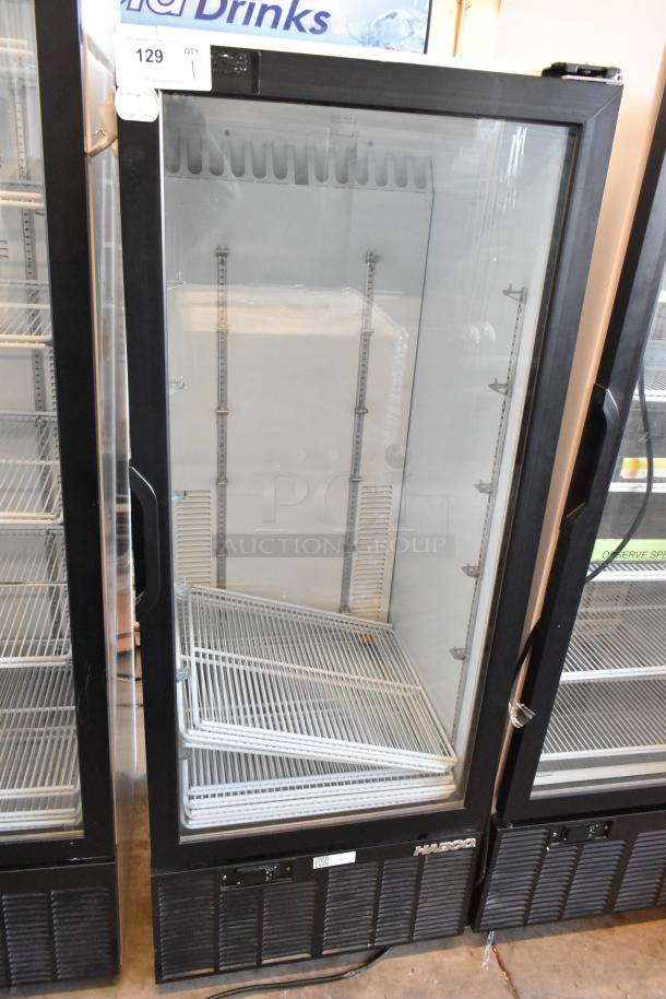 Habco SE12 commercial single door reach-in cooler merchandiser, features poly-coated racks. 115 volts, 1 phase.