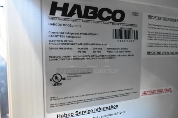 Habco SE12 commercial cooler merchandiser label, UL listed. Features cassette refrigeration, 115V, 1 phase.