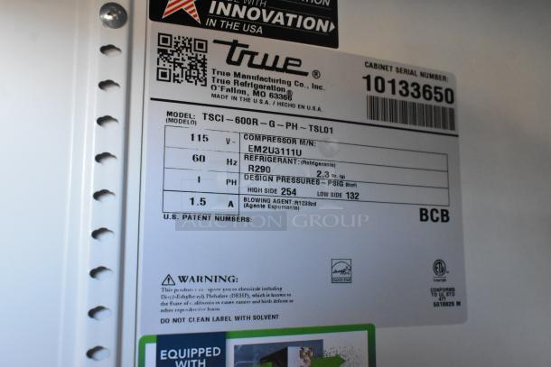2021 True TSCI-600R-G-PH commercial cooler label, 115V, 1 phase, with refrigerant R290, serial 10133650.