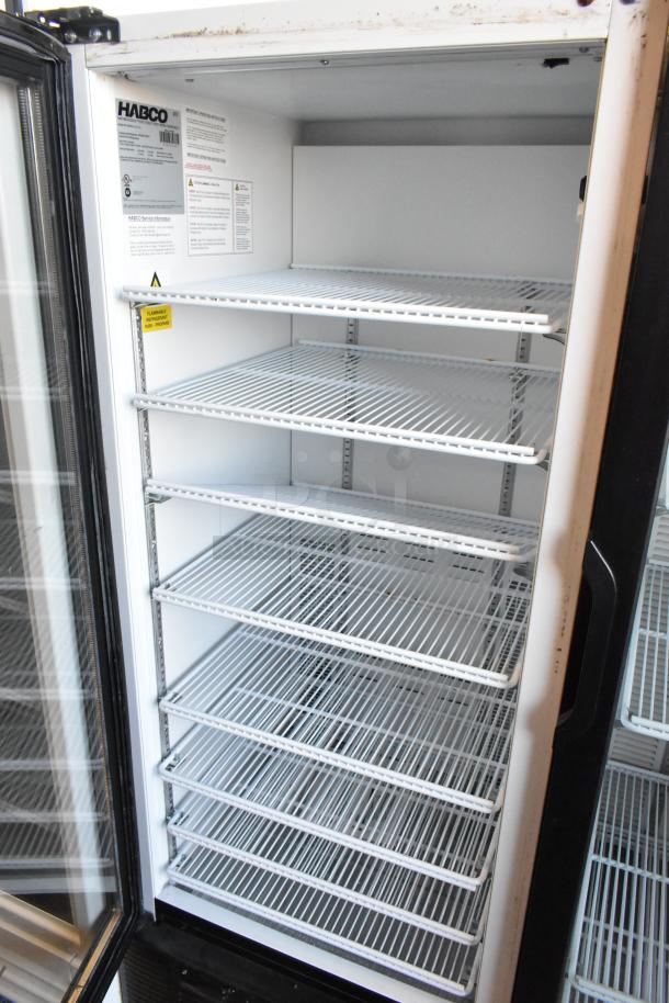Habco SE12HC commercial single door cooler merchandiser with poly coated racks, 115V, visible labels and specifications.